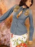 Dolce & Gabbana - $1495 New DOLCE & GABBANA Rhinestone Metallic Embroidered Blue Denim Shirt / Top 4 / 38