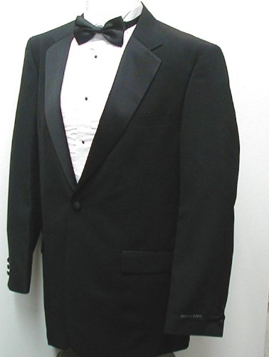 New Mens Classic Black One Button Tuxedo - Five Pieces (5pc) - Includes Jacket, Pants, Shirt, Satin Bow Tie, and Cummerbund!