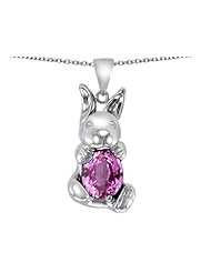 Original Star K (tm) Love Bunny Pendant with Created Pink Sapphire Oval 10x8mm in .925 Sterling Silver