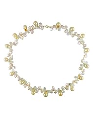 14KY peach, golden, white freshwater keshi pearl and blue topaz drop necklace