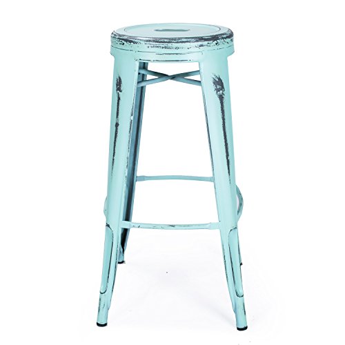 Adeco 30inch Metal Stools, Vintage Barstool, Antique Light Blue, set of 2