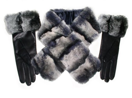 REX Chinchilla Trimmed, Cashmere Lined Black Lambskin Leather Gloves & Clip Neck Scarf/Collar Set