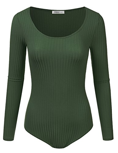 Doublju Womens Trendy Long Sleeve Scoopneck Rayon & Ribbed Knit Bodysuit (Made In USA)