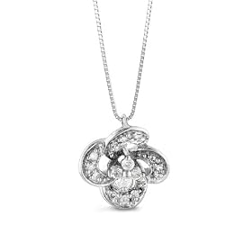 1/6 Carat Diamond Flower Pendant w/ Box Chain in 14K White Gold