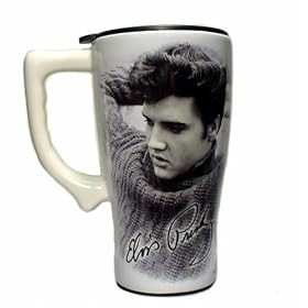 Elvis, Black and White Ceramic Travel Mug by Spoontiques Creative Ventures