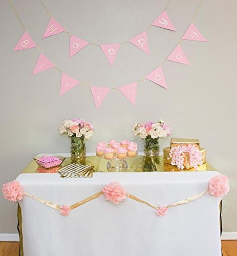 Princess Pink and Gold Happy Birthday Bunting Banner with Gold Foil Letters and Gold Foil Ribbon.
