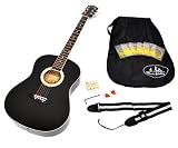 Produkt-Bild: Akustik Gitarre "Western Style" in Schwarz mit Zubeh&ouml;rset: Gitarrentasche, Gurt, Ersatzsaiten und Stimmpfeife