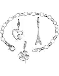 VINANI brand Germany 925 Sterling Silver Charm Bracelet Topic Love Luck Travel with 3 charm pendants Eiffel Tower Heart Cloverleaf 19,5 cm (7.5") BGL