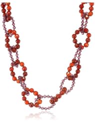 Faceted Carnelian and Swarovski Elements Bicone Beaded Chain Linked Necklace Gold Silver Clasp, 16"+2" Extender