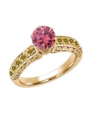 1.14 Ct Round Pink Diamond Yellow Citrine 925 Yellow Gold Plated Silver Ring