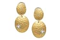 14K Yellow Gold Hammered-Finish Matte Oval-Shape Drop Earrings, Enhanced with White Gold Bezel Set Star Diamonds.