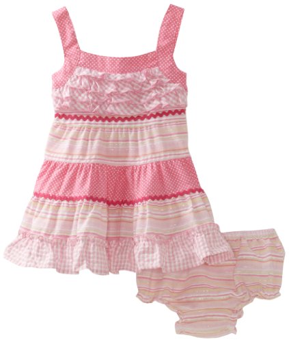 Youngland Baby-girls Infant Sleeveless Woven Multi Color Block Sundress With Diaper Cover, Pink, 18 Months