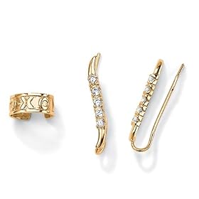 18k Gold over Sterling Silver DiamonUltra&trade; Cubic Zirconia Ear Pins/"X"-"O" Ear Cuff - Free magnetic Bracelet