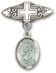 Sterling Silver Baby Badge with Blue St. Christopher Charm and Badge Pin with Cross