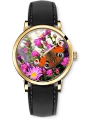 SPRAWL Aanalog Fashion Series Gold Ladies Watches of Genuine Black Leather Strap,Unique Wrist Watch for Women Girls Designed with Butterfly with eyes in pink flowers