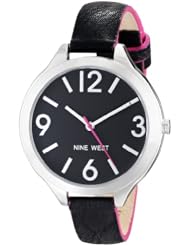 Nine West Womens NW/1609BKBK Silver-Tone Case Hot Pink Accented Black Strap Watch