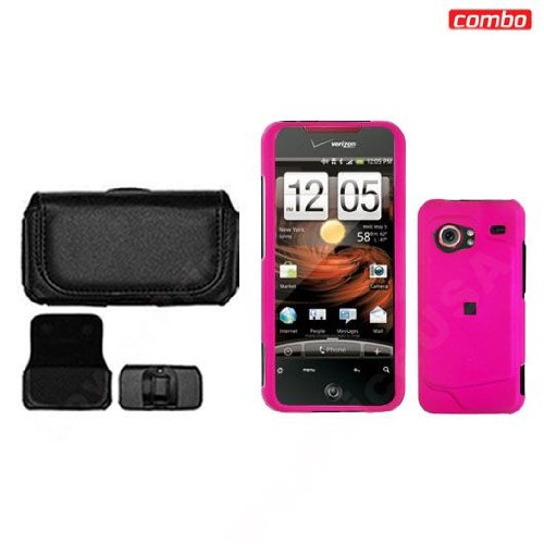 HTC Droid Incredible Combo Rubber Feel Hot Pink Protective Case Faceplate Cover + Black Horizontal Leather Pouch for HTC Droid Incredible