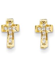 MadiK® 14k Yellow Gold Polished Cross with Clear Round CZ Post Stud Earrings
