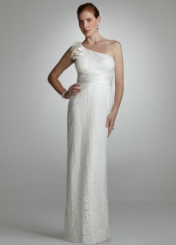 David's Bridal Wedding Dress: Lace One Shoulder Gown with Bow Detail Style DB2M1608
