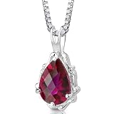 Imperial Beauty: Sterling Silver Rhodium Finish Pear Shape Checkerboard Cut Ruby Pendant with 18 inch Silver Necklace