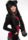 Black Cat Full Animal Hood Hoodie Hat Faux Fur 3 in 1 Function Paw Mittens Gloves