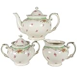 Green Vintage Rose Teapot, Creamer and Sugar Set