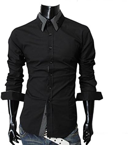 Peryal Long Sleeve Stripped Slim Fit Men Turn Down Collar Bottoming Shirts M Black