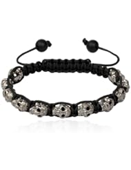 Diamond Pave Onyx Beads Skull Charm Macrame Cord Bracelet Silver Jewelry