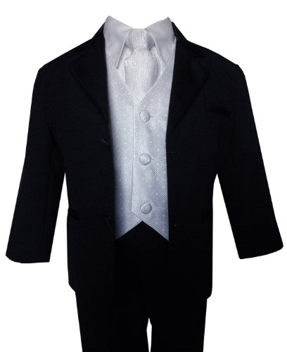 Usher Tuxedo G212 Suit Boy Black with White Vest Tie From Baby to Teen (14) Usher Tuxedo G212 Suit Boy Black with White Vest Tie From Baby to Teen (14)