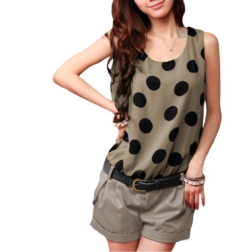 Allegra K Woman Scoop Neck Dots Pattern Upper Tank Romper w a Waist Belt