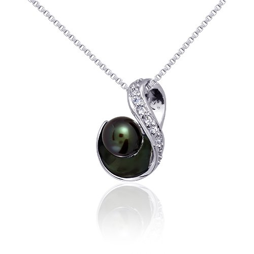 Stunning Elegance: Sterling Silver and Gray Cultured Pearl Swirl Pendant Necklace with Cubic Zirconia