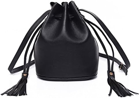 High quality PU Leather Retro Drawstring Bucket Tote Bag For Women With Shoulder Strap (black)