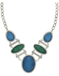 1928 Jewelry Laundry by Shelli Segal Cool Color Block Emerald and Sapphire Statement Necklace SILVER