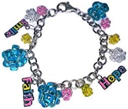 Inspirational Charm Bracelet with Pink, Yellow and Blue Seed Beads, 5.5 to 6"