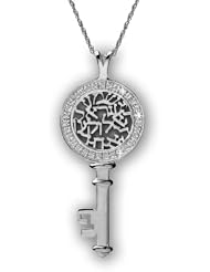 14K Yellow/White Gold Necklace with Jewish Shema Yisrael Prayer on a Diamond Key Pendant