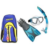US Divers Lanai Kids Snorkeling Set: Lanai LX mask, Hydroair Jr snorkel, Flame adjustable fins, Tote bag