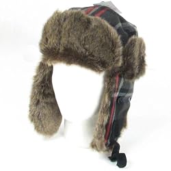 NWT PLAID FAUX FUR PILOT TRAPPER TROOPER HAT BLACK RED MEDIUM LARGE
