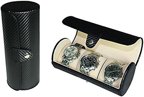 Leatherette Roll Traveler's Watch Storage Organizer for 3 Watch and / or Bracelets (Basketweave Black)