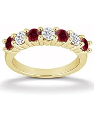 0.09 Cts Diamond & 0.16 Cts Ruby Seven Stone Ring in 14K Yellow Gold