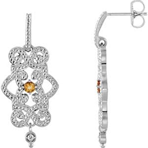 IceCarats Designer Jewelry Granulated Design Citrine And .03 Ctw Diamond Dangle Earrings 14K White Gold