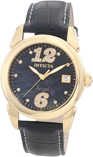 Invicta Women's 0771 Angel Diamond Accented Black Mother-Of-Pearl Dial Black Leather Watch