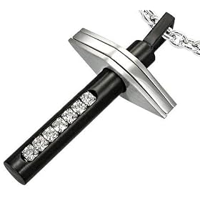 Stainless Steel Heavy Cross/Crucifix Pendant with Black Anodising and 7 Cubic Zirconia Stones - Including Gift Pouch (Chain NOT included)