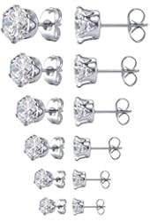 Jstyle Jewelry Women's Stainless Steel Round Clear Cubic Zirconia Stud Earring (6 Pairs)
