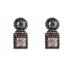 Earrings - E407 - Square and Round Crystal - Post Earring Style ~ Clear and Hematite (Gunmetal Gray)