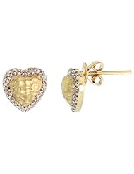 14k Gold Hammered Finish Heart Diamond Earrings, w/ 0.16 Carat Brilliant Cut Diamonds, 3/8" (9mm) tall