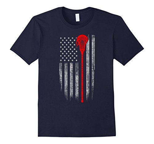 Men's Lacrosse American Flag T-Shirt - Lacrosse Stick Flag T Shirt Medium Navy