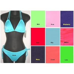 END OF SUMMER SALE Juniors Bikini Swimsuit Triangle Top with Tie Side Bottom in 10 Colors