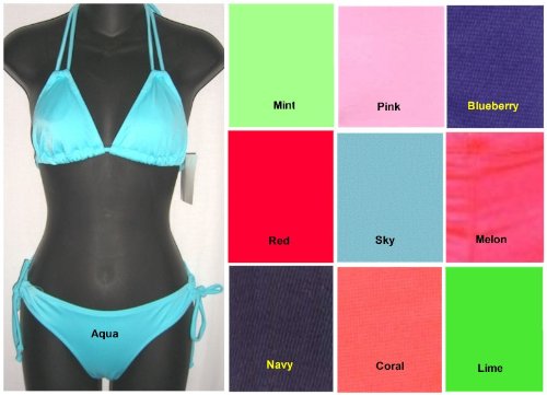 END OF SUMMER SALE Juniors Bikini Swimsuit Triangle Top with Tie Side Bottom in 10 Colors