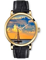 SPRAWL Aanalog Fashion Series Gold Ladies Watches of Genuine Black Leather Strap,Unique Wrist Watch for Women Girls Designed with Sailboat in the sea