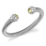 Radiant Glamour: Designer Inspired Sterling Silver Cable Style Bangle Bracelet with Citrine CZ and White CZ Diamond